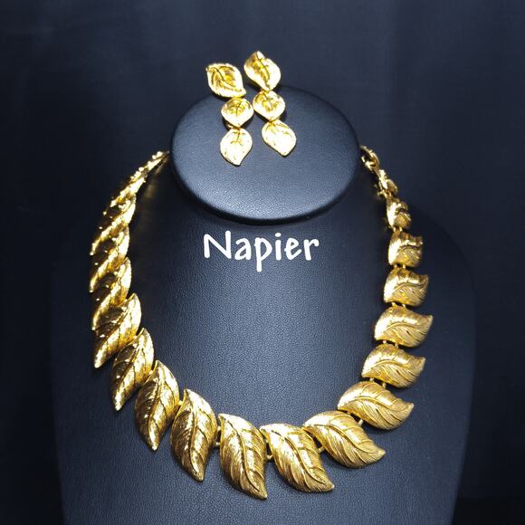 Napier Jewelry - Vintage Napier Gold Leaf Necklace Earrings Set Signed Pat 4774743